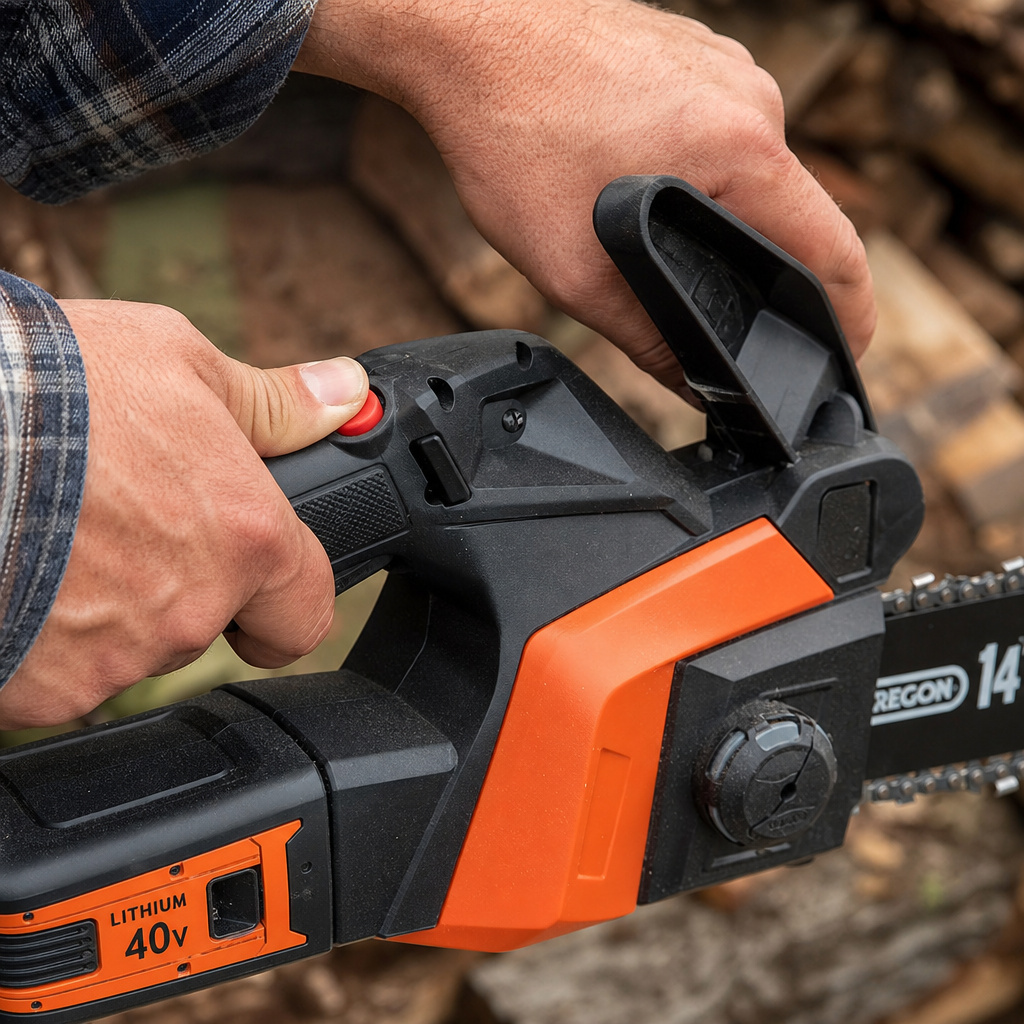 Close-up of hands starting an electric chainsaw with safety lockout and chain brake engaged.