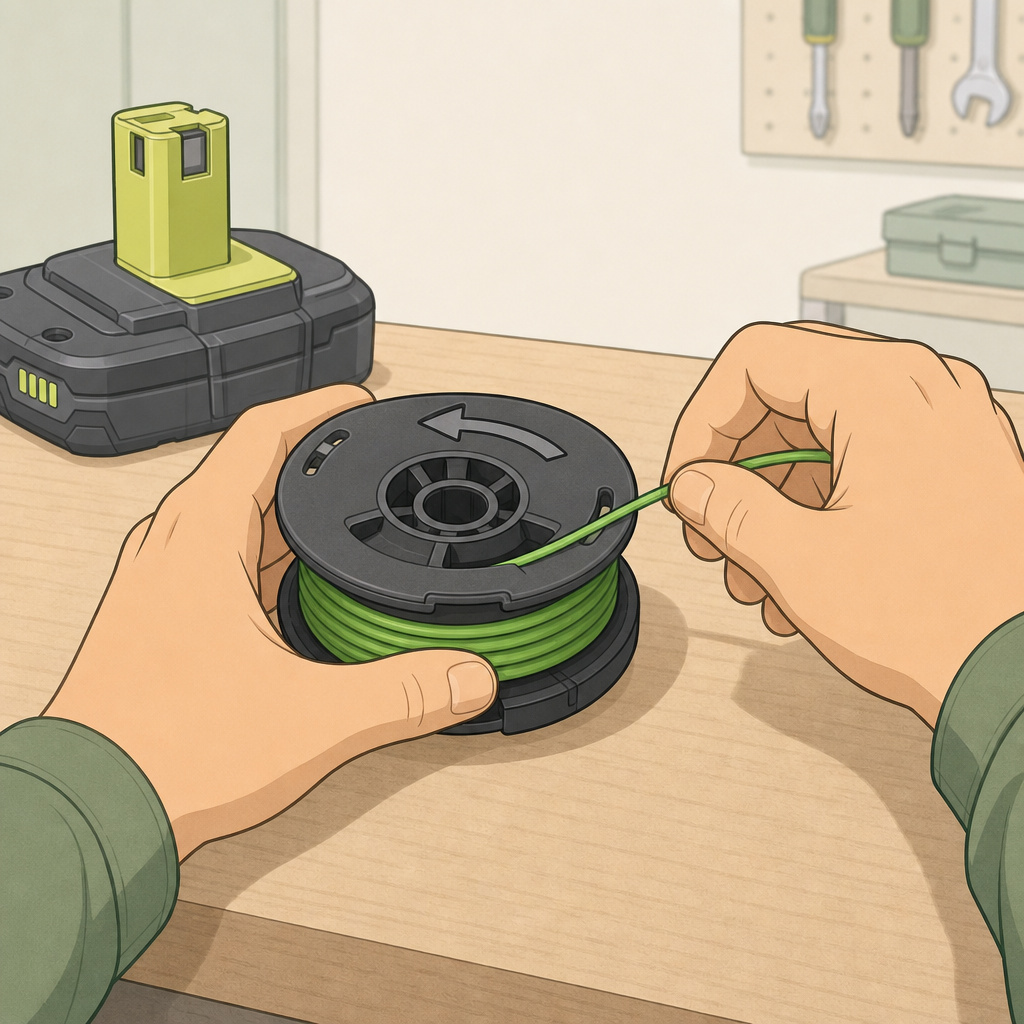 Winding trimmer line onto a Ryobi 18V string trimmer spool correctly.