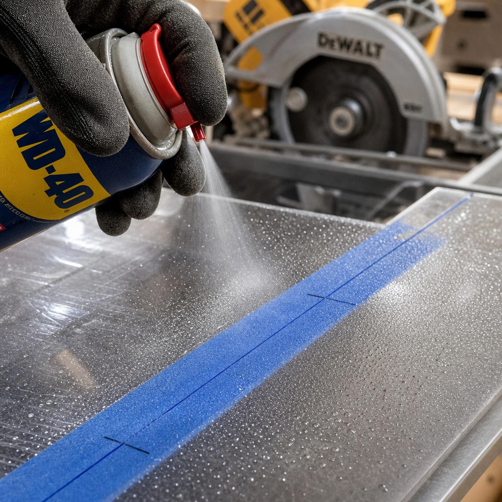 Close-up of spraying lubricant on a plexiglass cut line.