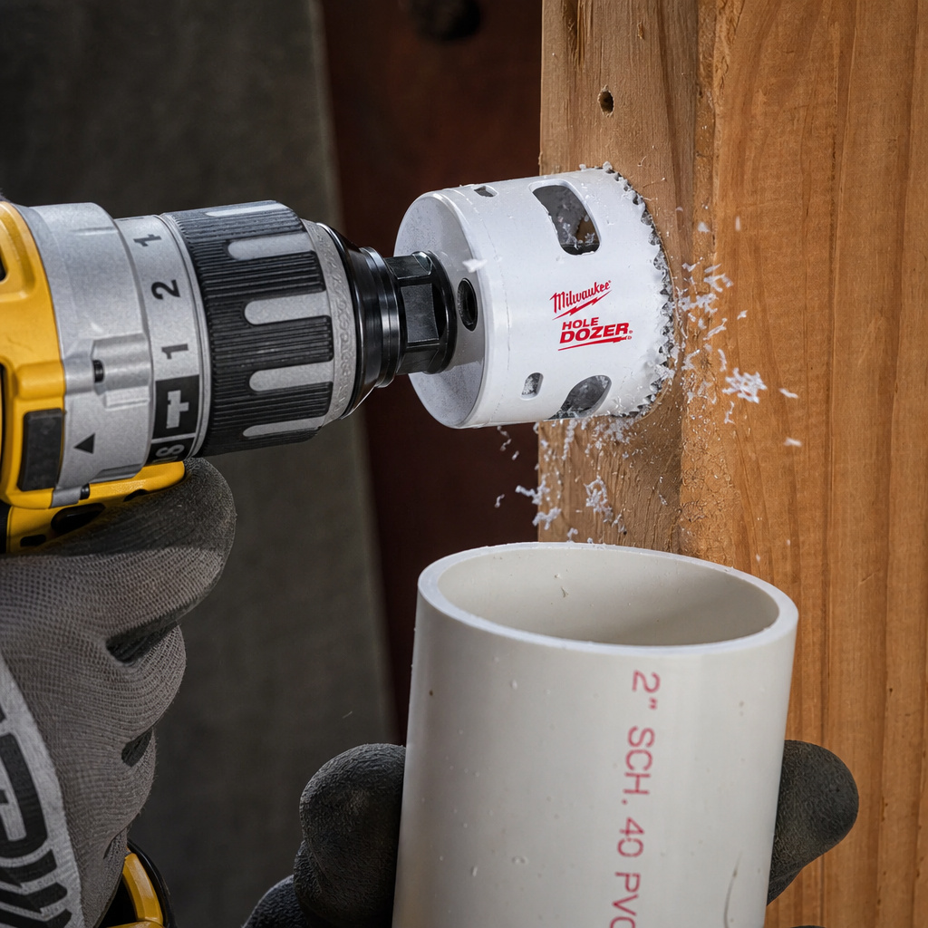 Using a hole saw to drill a clean hole for a 2-inch PVC pipe in a stud.