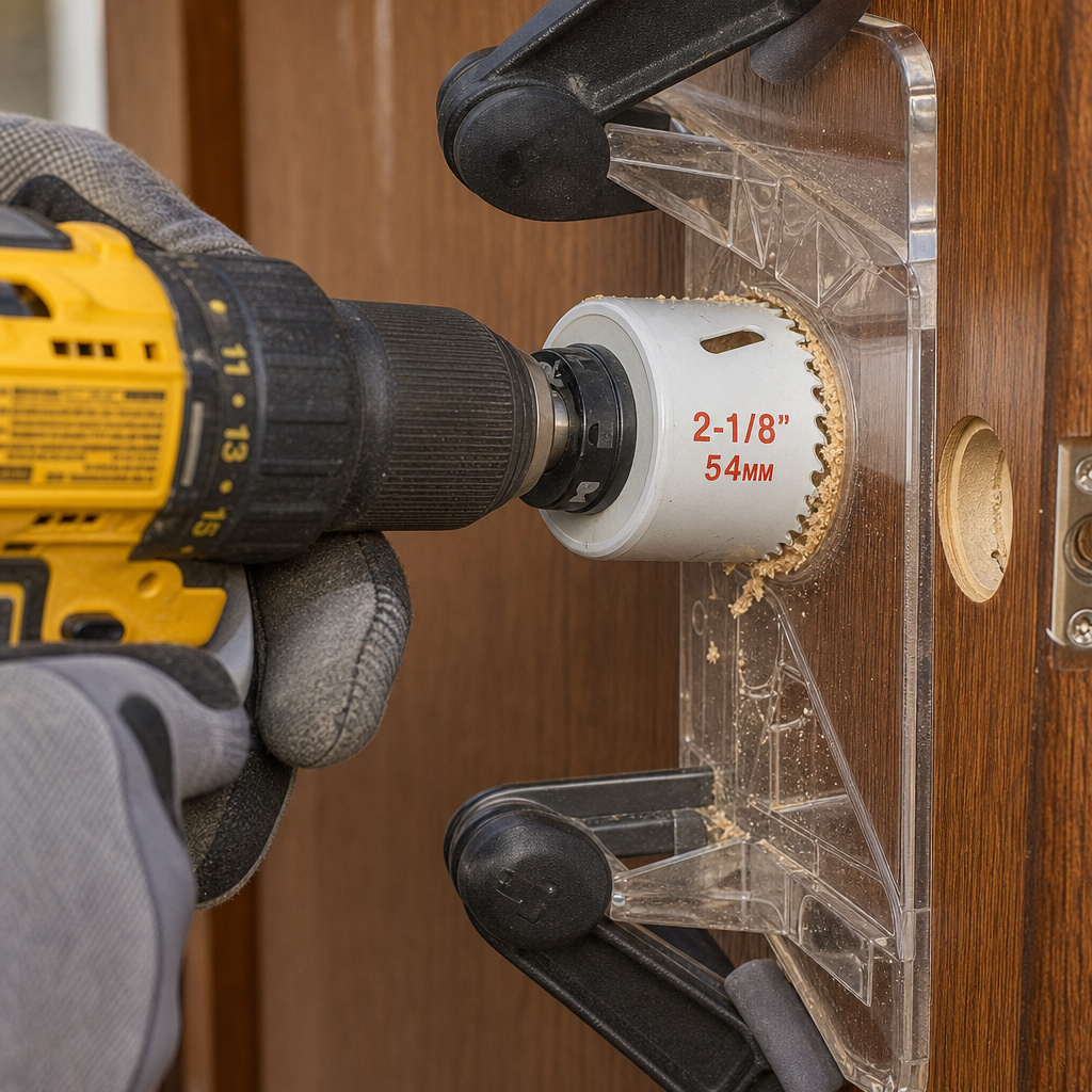Using a hole saw to drill a door handle bore in a wooden door.