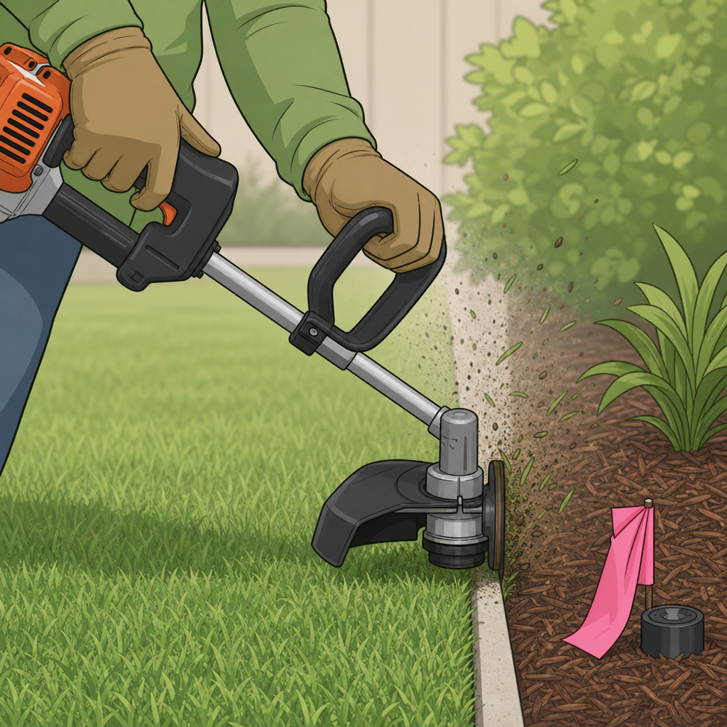 Proper stance and technique for using an edge trimmer on a lawn.