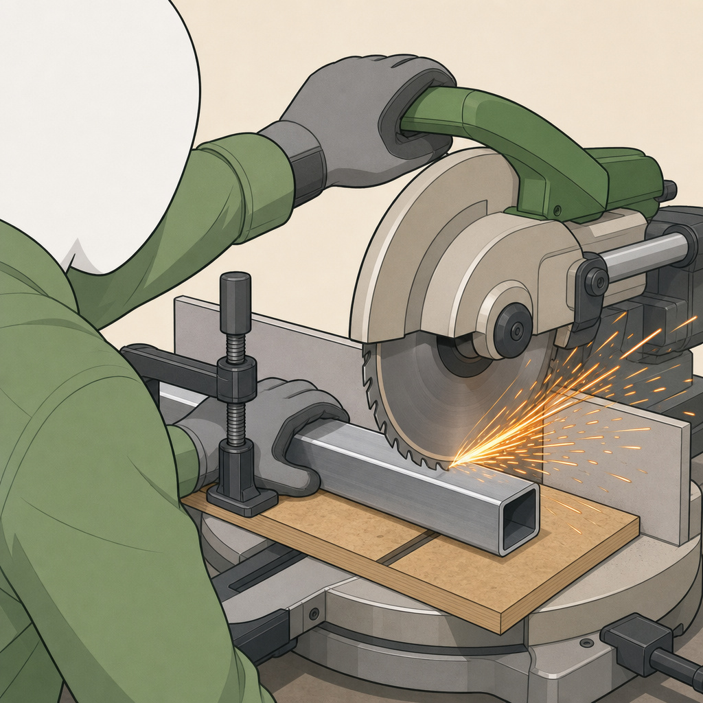 Using a miter saw with proper blade to cut a clamped metal piece, creating sparks.