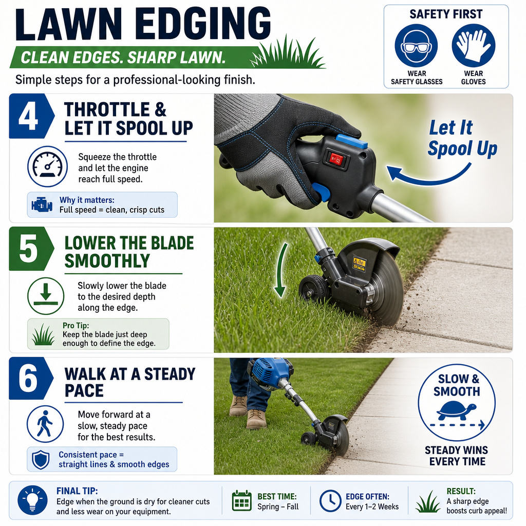 Step-by-step infographic on how to properly edge a lawn with a power edger.