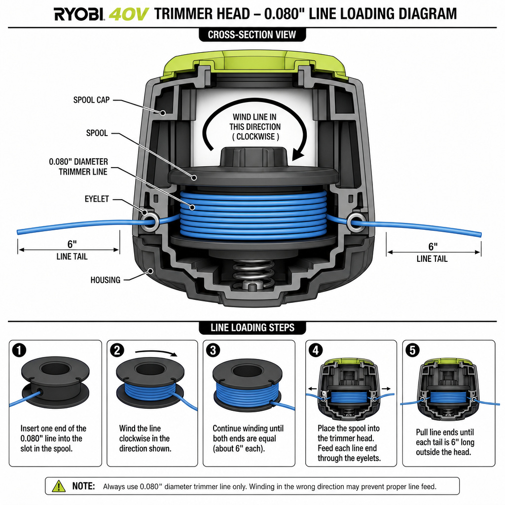 Correct winding direction and tail length for Ryobi 40V trimmer line replacement.