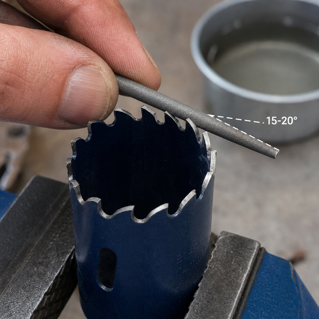 Close-up of sharpening a hole saw tooth with a hand file