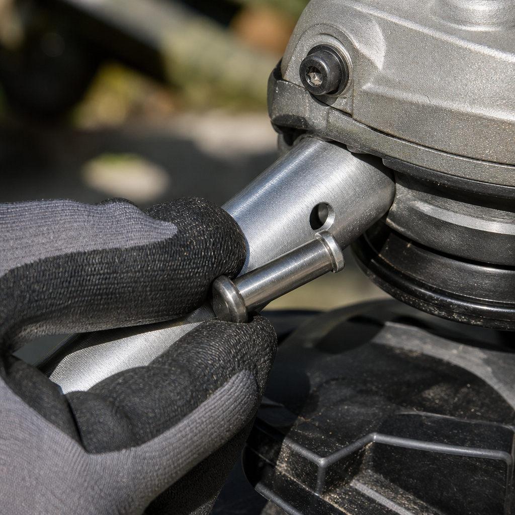 Close-up of inserting a lock pin into a trimmer shaft with gloved hands.
