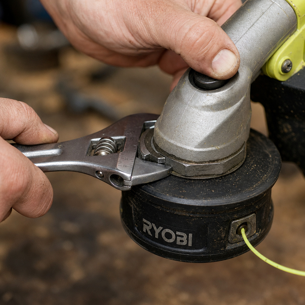 Close-up of removing a Ryobi trimmer head with a wrench and locked shaft.