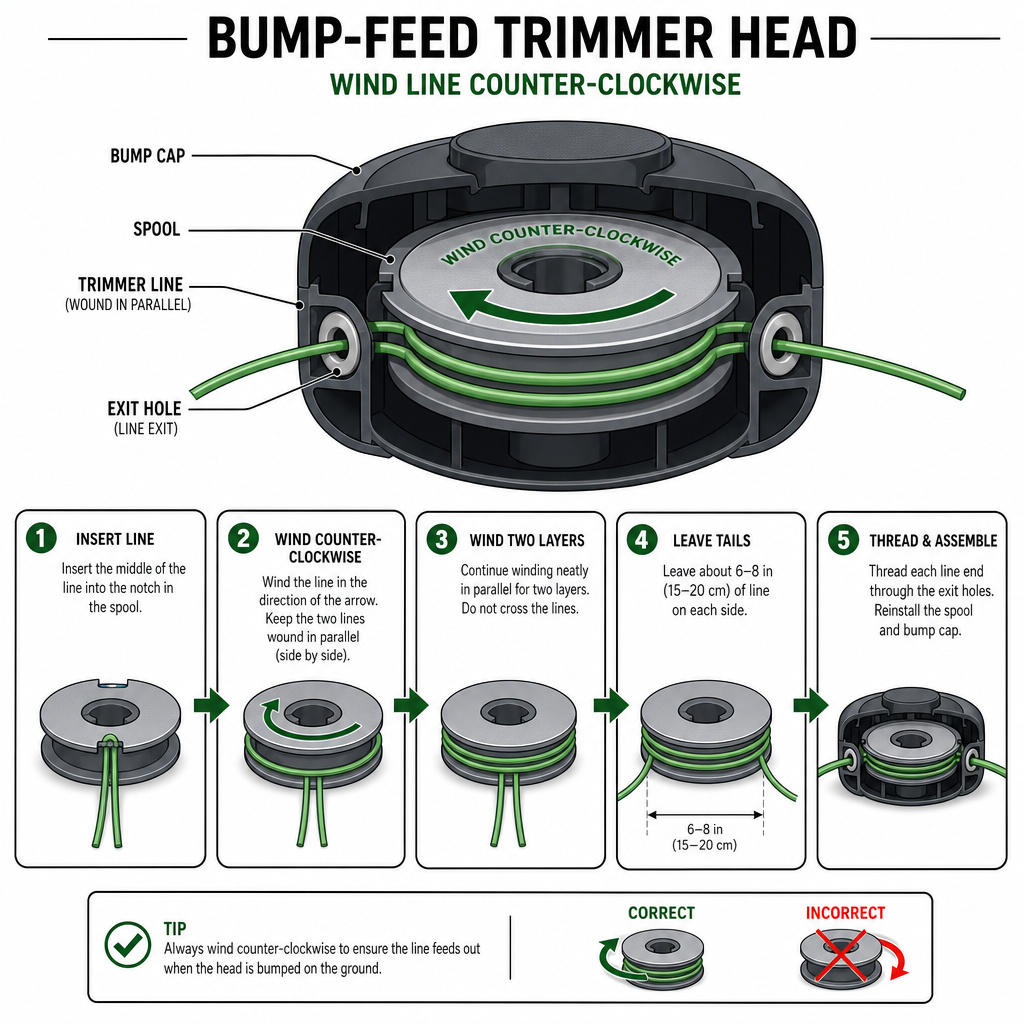 Diagram showing correct trimmer line winding direction on a bump-feed spool.
