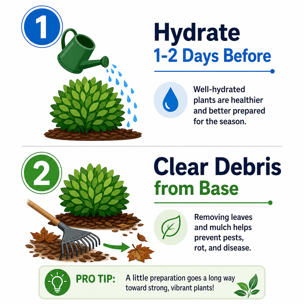 Infographic showing step one to water shrub and step two to clear debris before trimming.