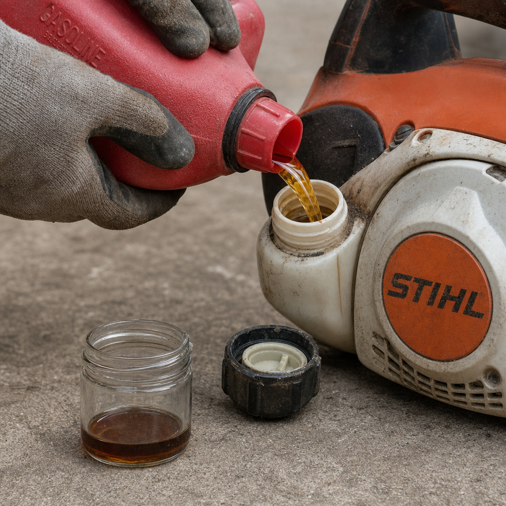 Pouring fresh fuel into the tank of a Stihl string trimmer edger.