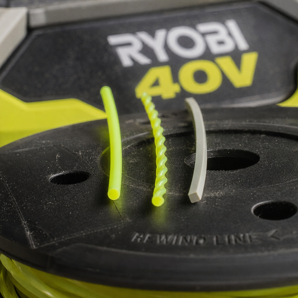 Comparison of round, twisted, and square trimmer line shapes for Ryobi 40V string trimmers.