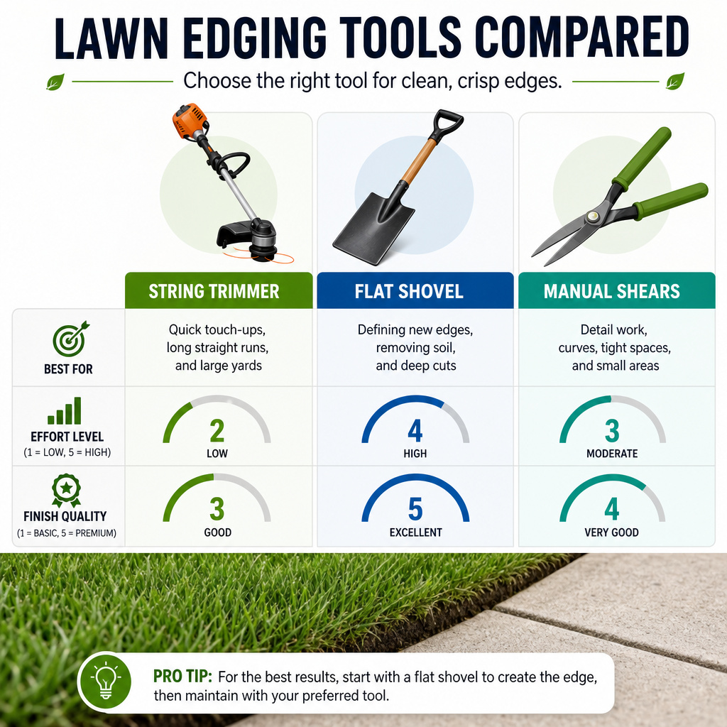 Comparison of string trimmer, shovel, and shears for DIY lawn edging.