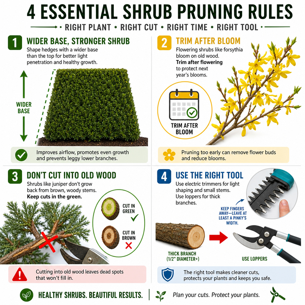 Guide to trimming formal, flowering, and coniferous hedges with an electric trimmer.