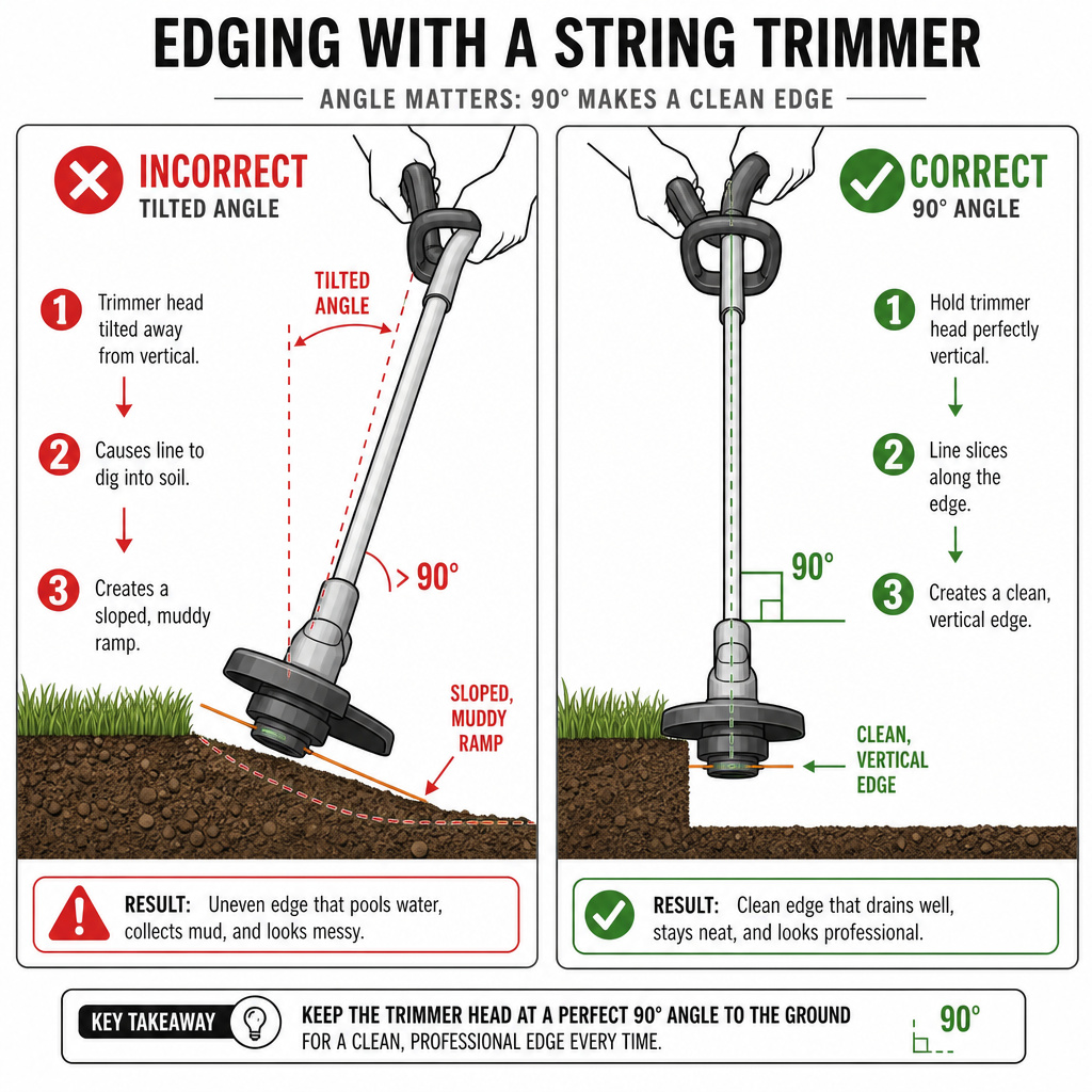 Correct versus incorrect string trimmer angle for sharp lawn edging.