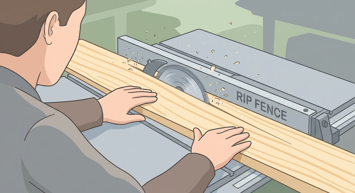 Table saw ripping lumber parallel to grain using a rip fence.