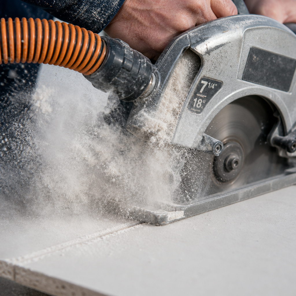 Circular saw cutting drywall, creating a massive cloud of white gypsum dust.
