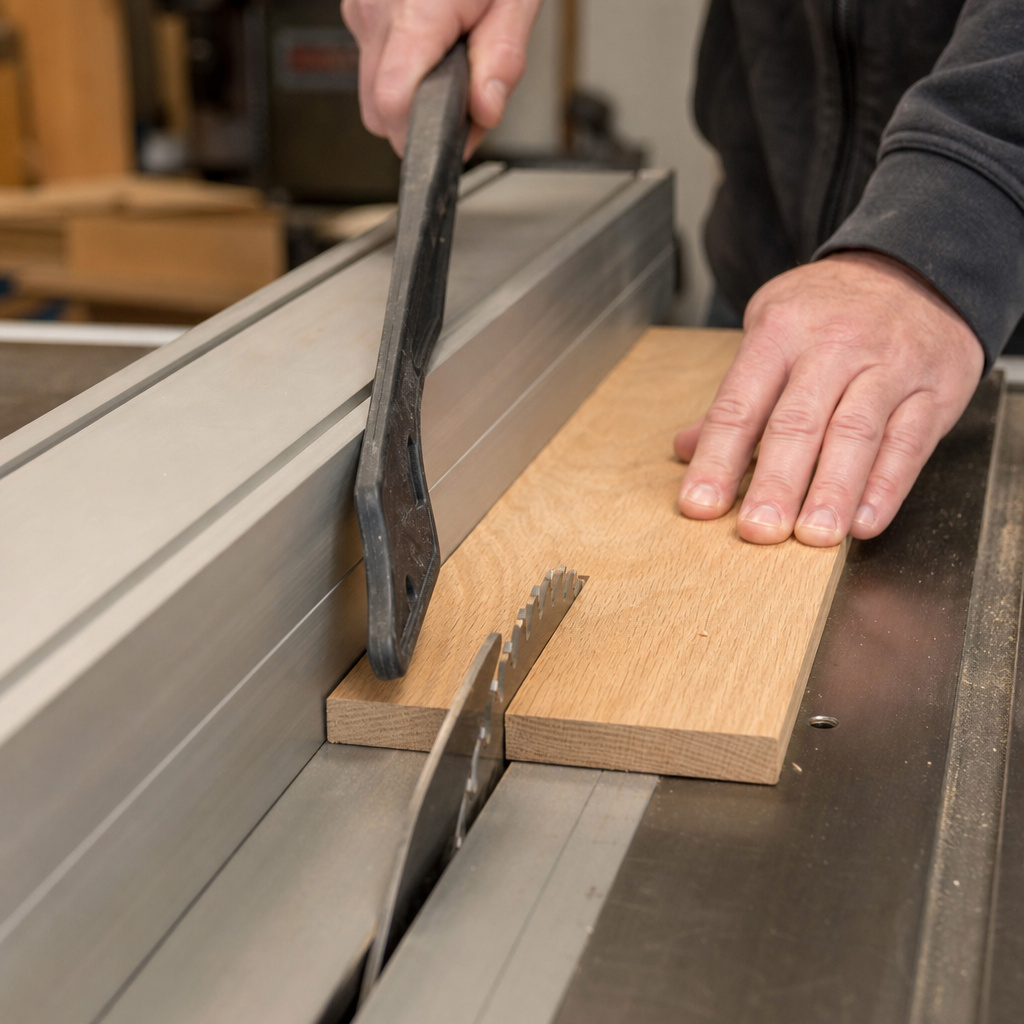 Proper use of a table saw rip fence and push stick for safe wood ripping.