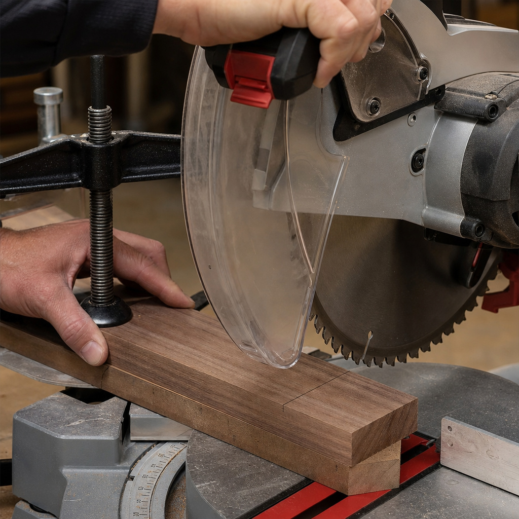 Close-up of chop saw dry run, checking blade alignment on marked wood.