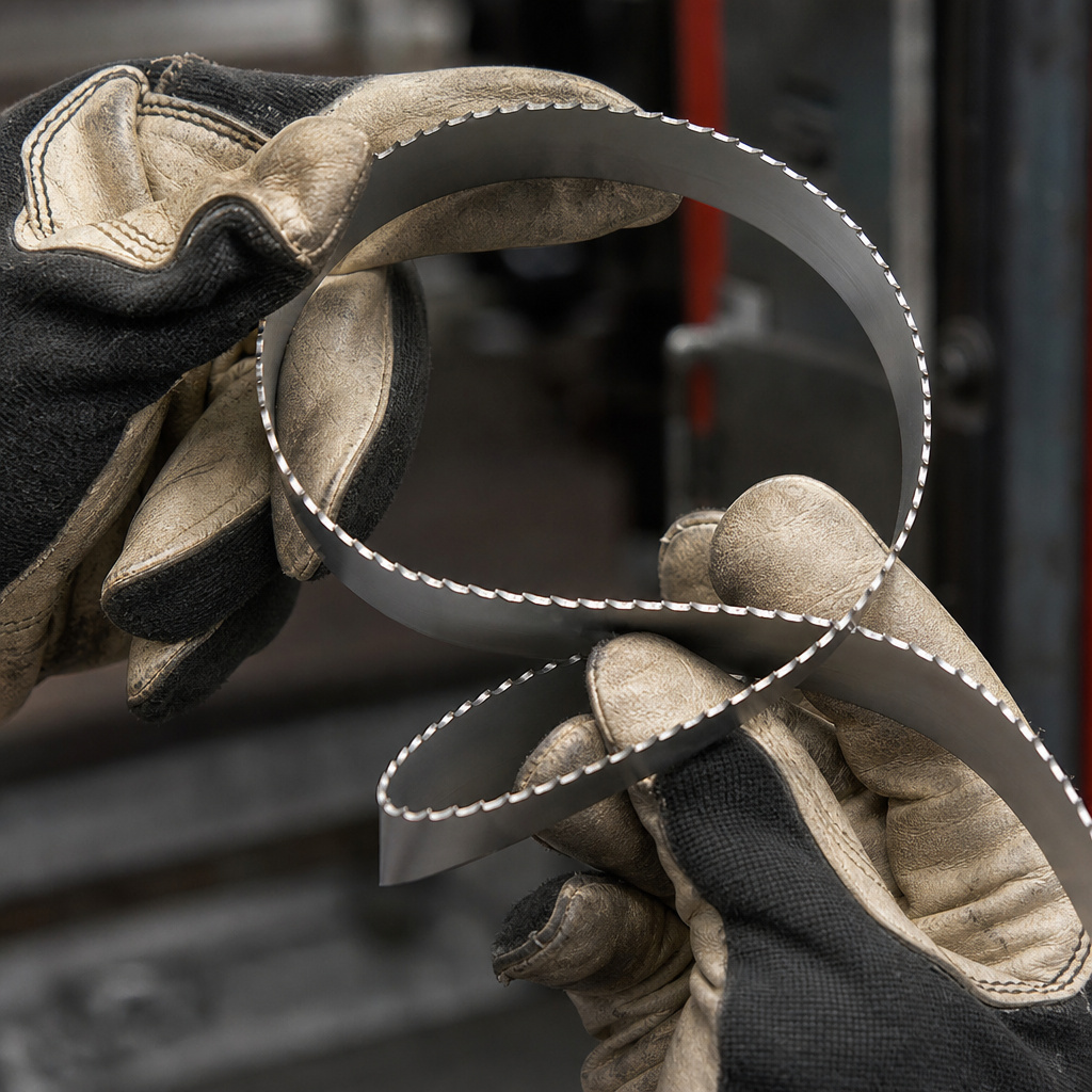 Close-up of hands folding a wide bandsaw blade into a figure-eight coil.