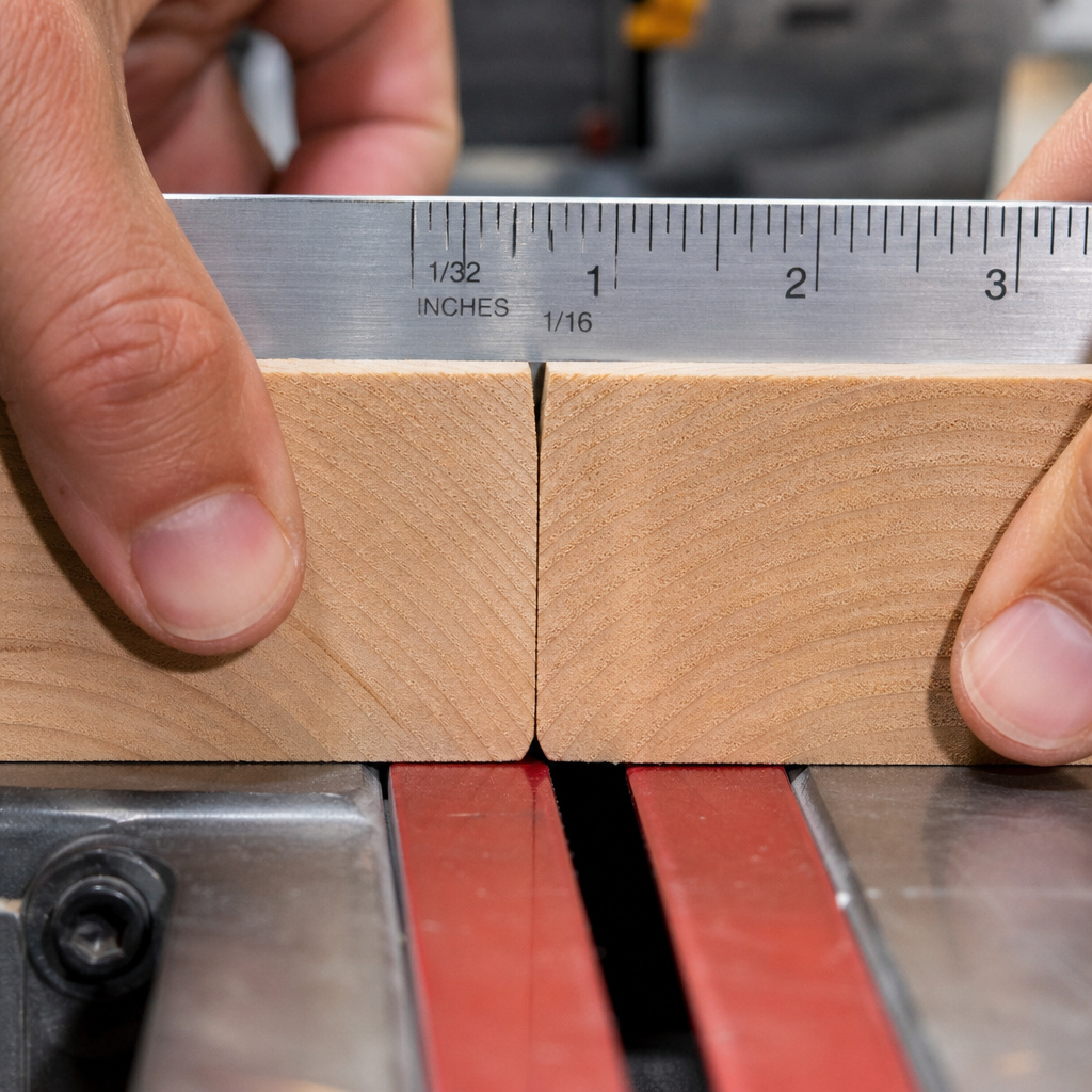 Close-up of the miter saw flip test revealing a V-gap indicating an out-of-square blade.