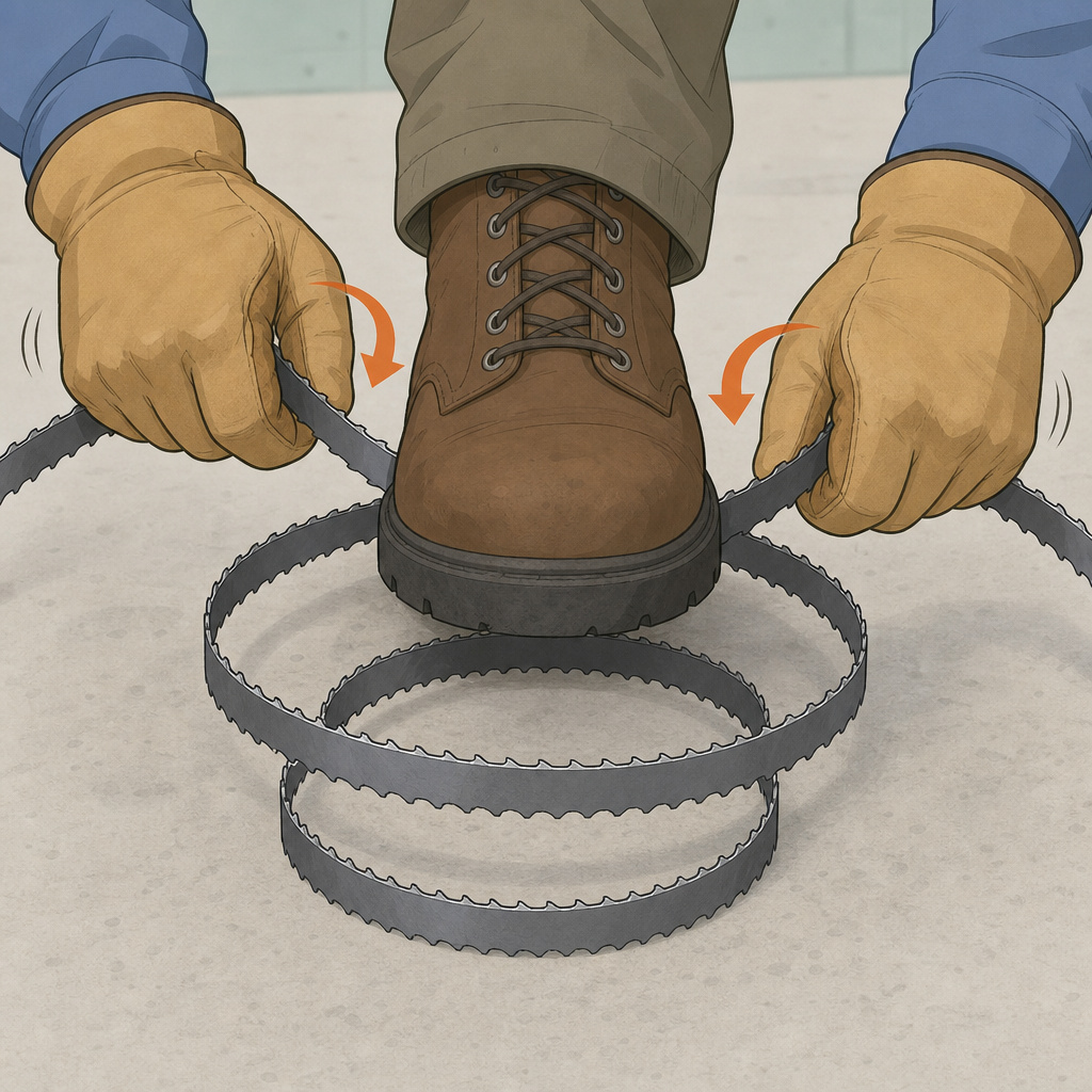 Person using foot-assisted pop method to fold a band saw blade into three loops.