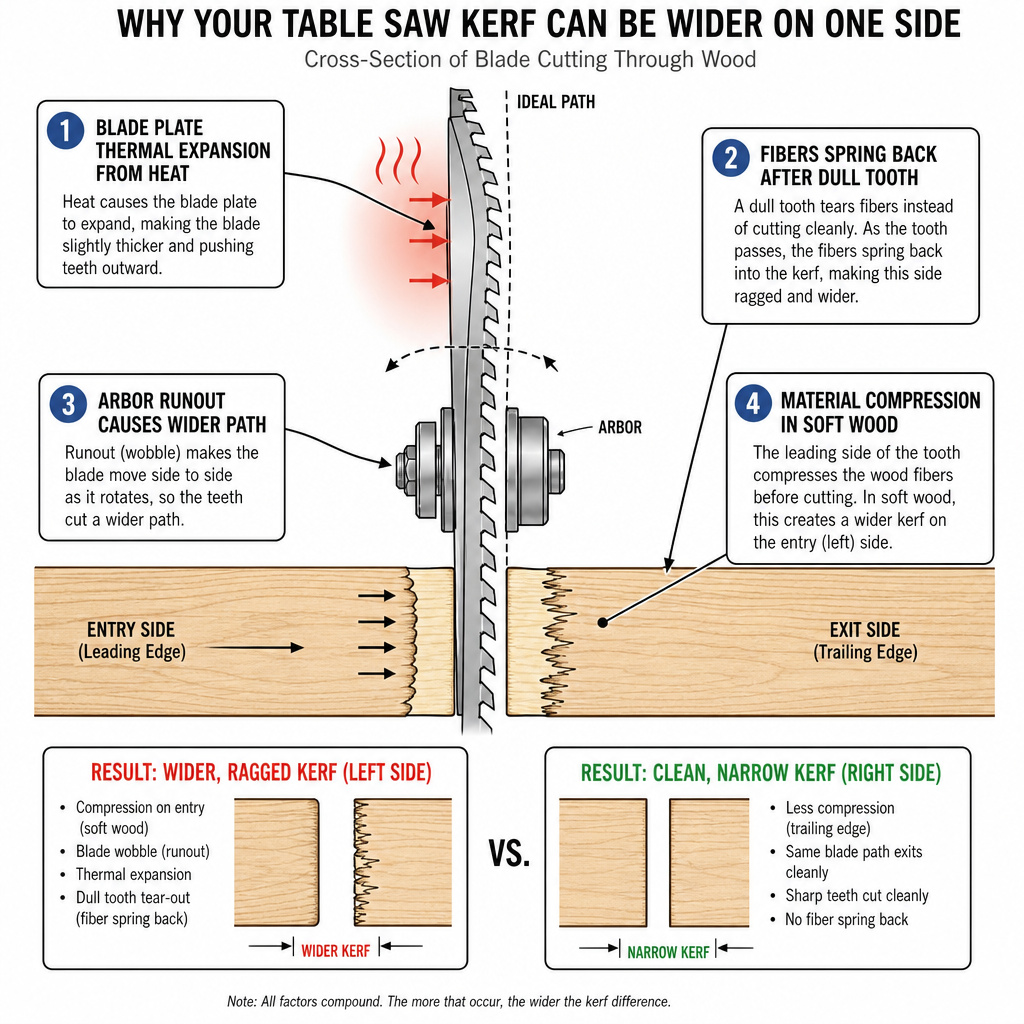 Diagram of factors affecting kerf width: blade wobble, deflection, and material spring-back.