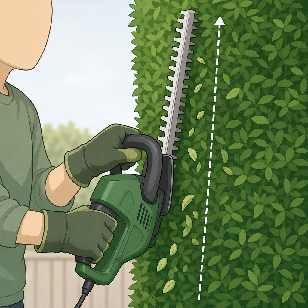 Professional hedge trimming sequence showing bottom-to-top side cutting with electric trimmer