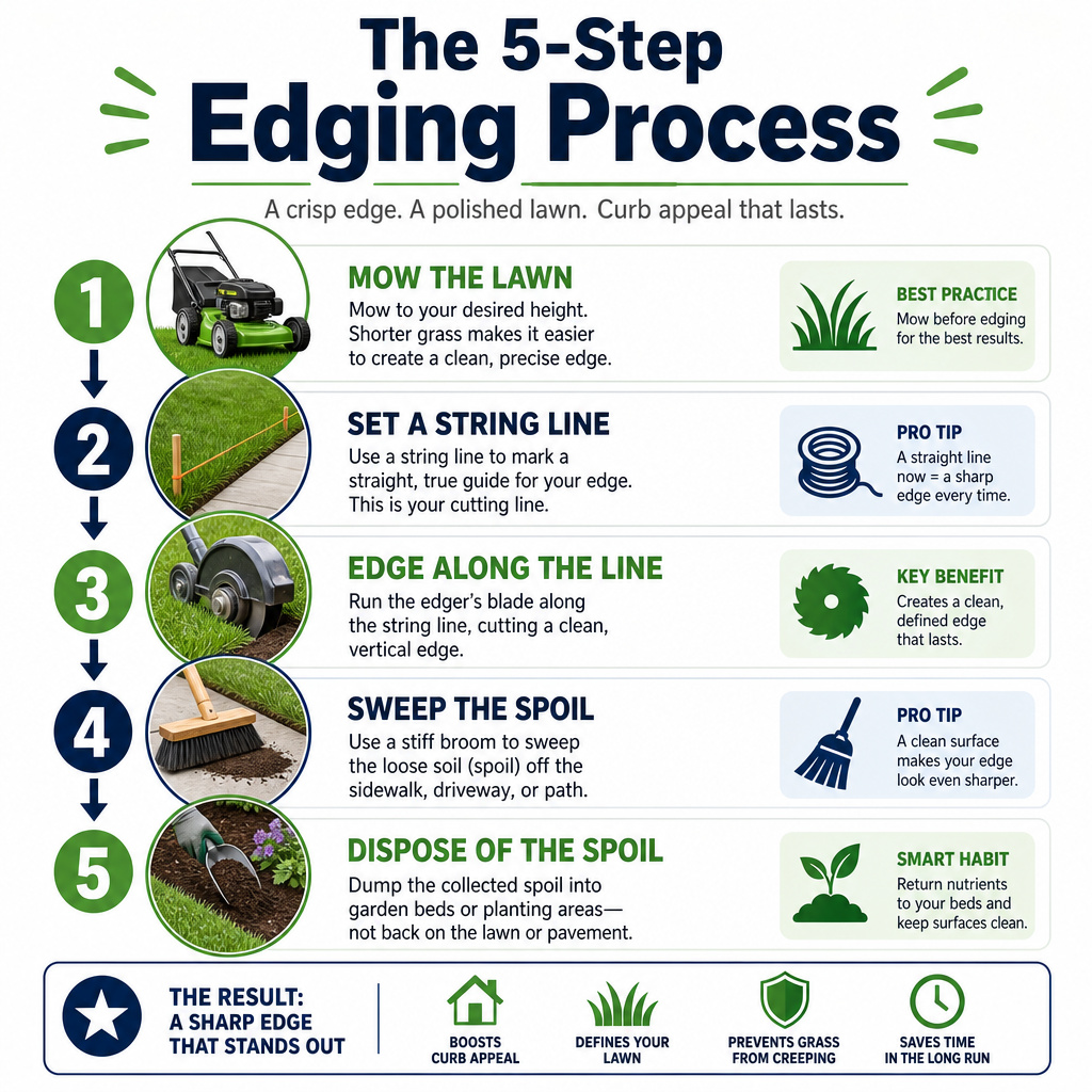 Five-step lawn edging process infographic from mowing to cleanup.