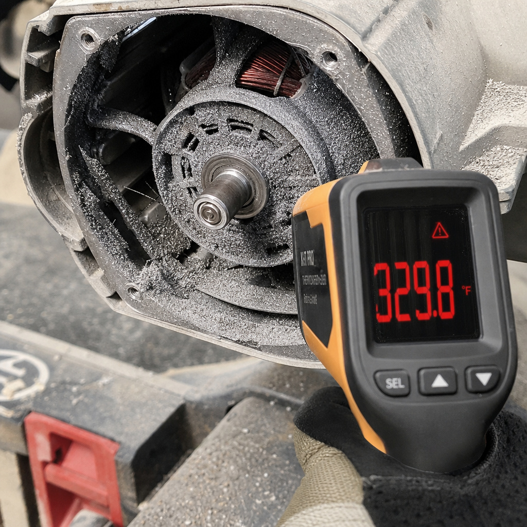 Steel dust contamination and heat damage inside a miter saw motor.