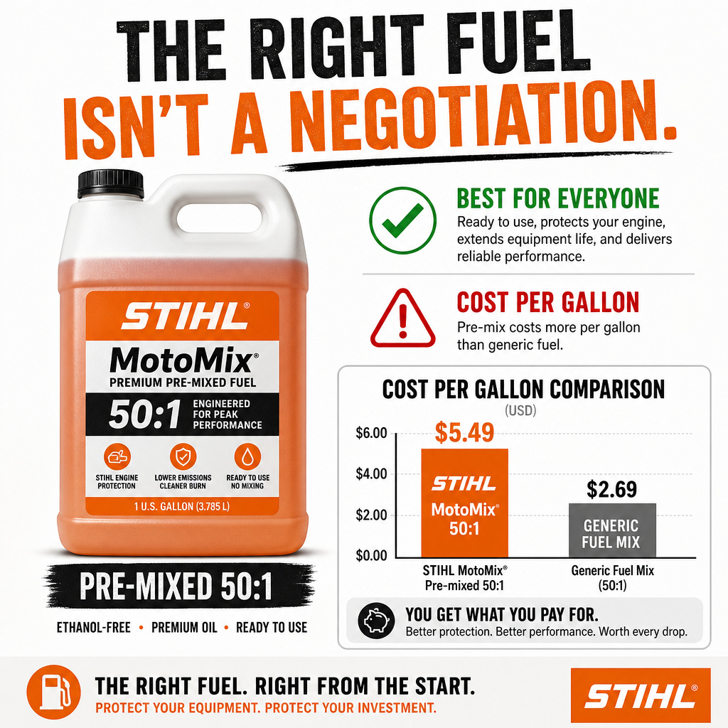 Infographic comparing Stihl MotoMix pre-mixed fuel to other options for edgers.
