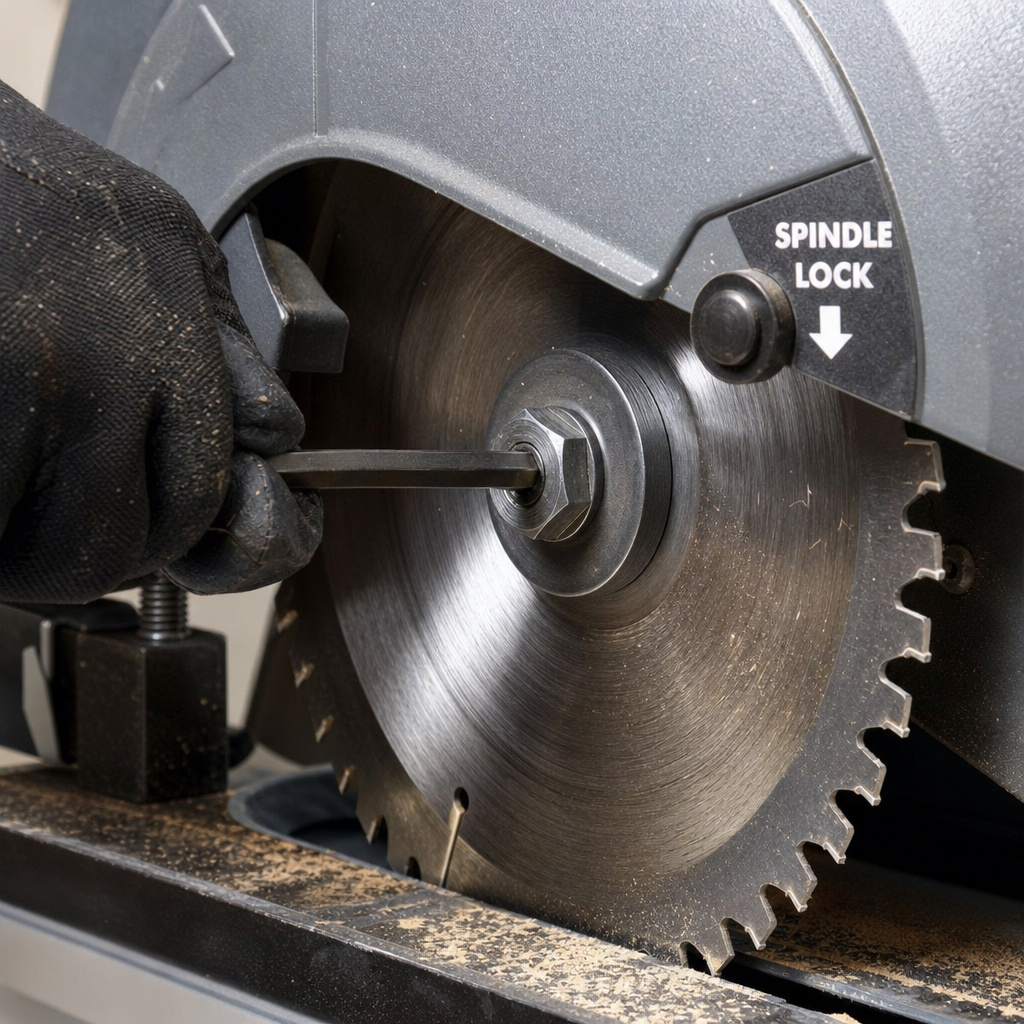 Close-up of loosening chop saw arbor nut with hex wrench, spindle lock engaged.