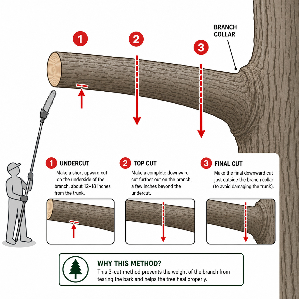 Three-cut method diagram for pruning thick branches with a pole saw.