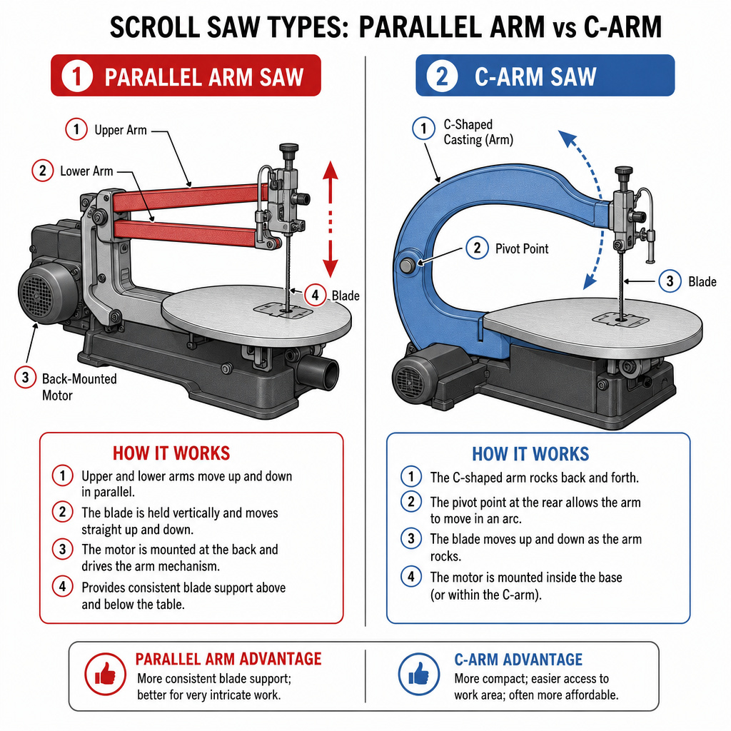 Diagram comparing parallel arm and C-arm scroll saw mechanisms.