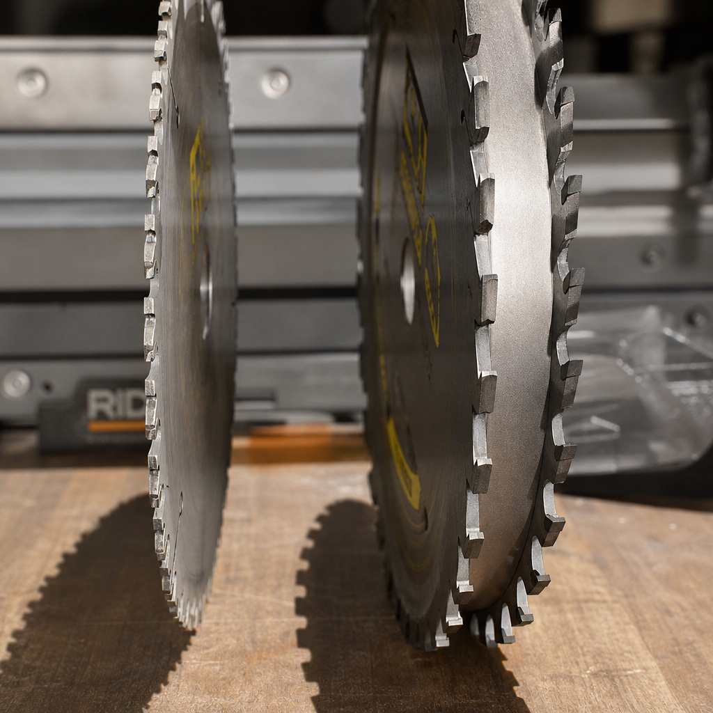 Thin-kerf vs full-kerf saw blades comparison showing plate thickness difference.