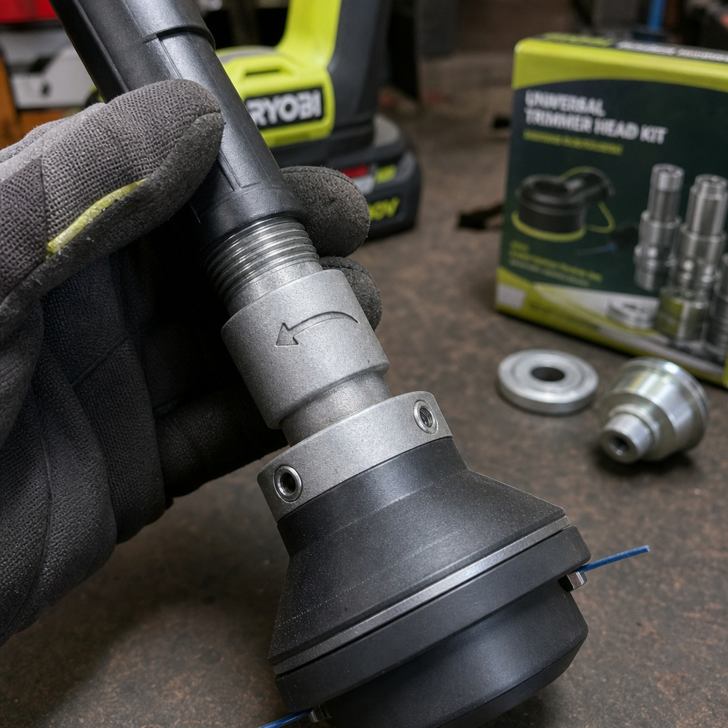 Close-up of Ryobi trimmer head adapter showing thread direction arrow.