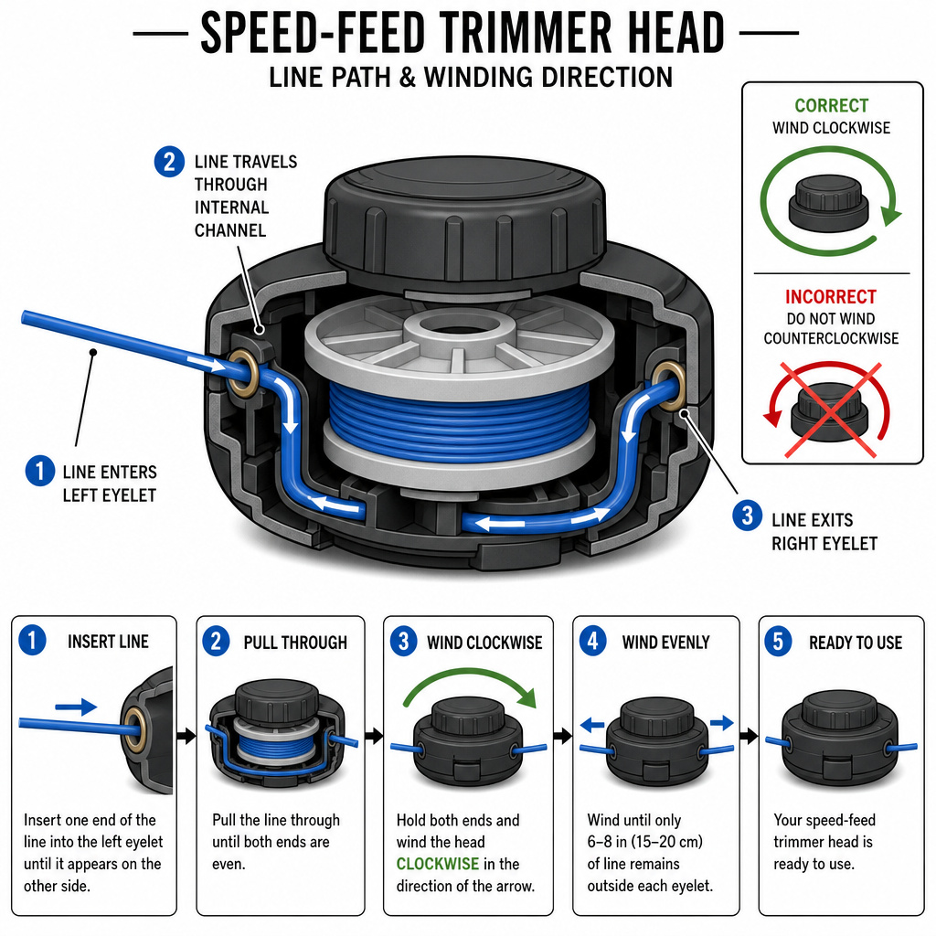 Diagram showing how to thread line through a speed-feed trimmer head's eyelets.