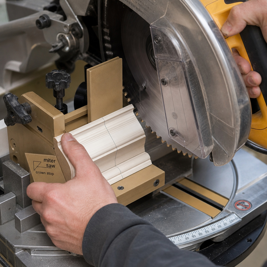 Crown molding held in a specialized jig on a compound miter saw for precise cutting.