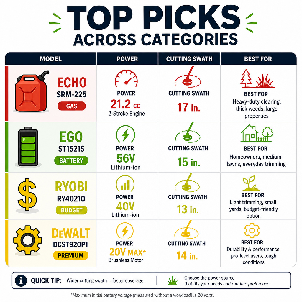 Comparison chart of top gas and battery-powered string trimmers for different yard sizes.