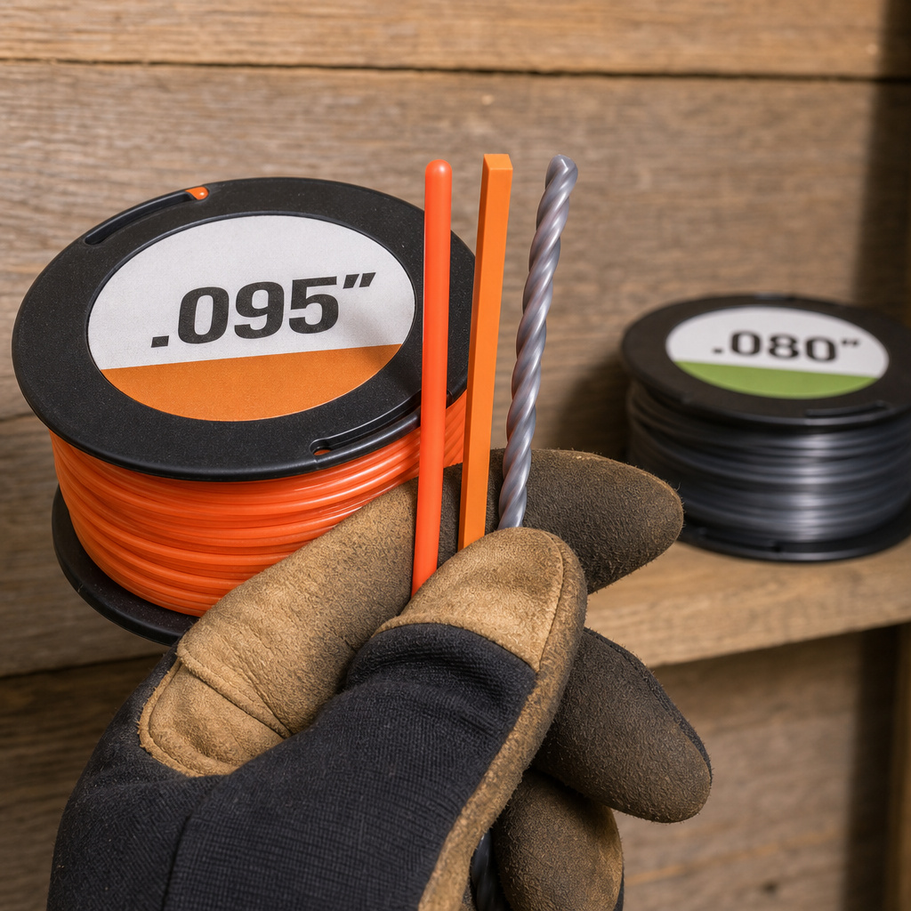 Comparing round, square, and twisted trimmer line types and diameters up close.