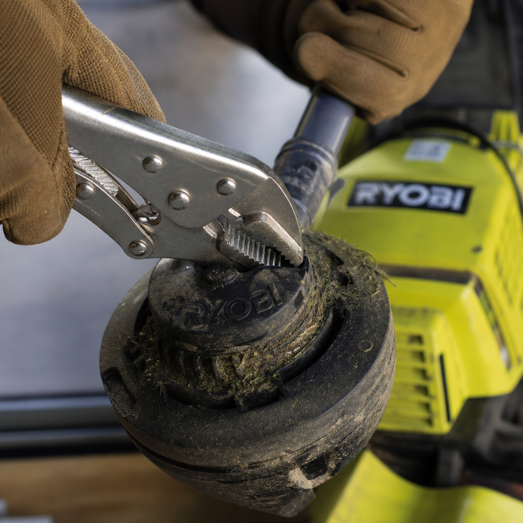 Using locking pliers to remove a stripped Ryobi trimmer head from the shaft
