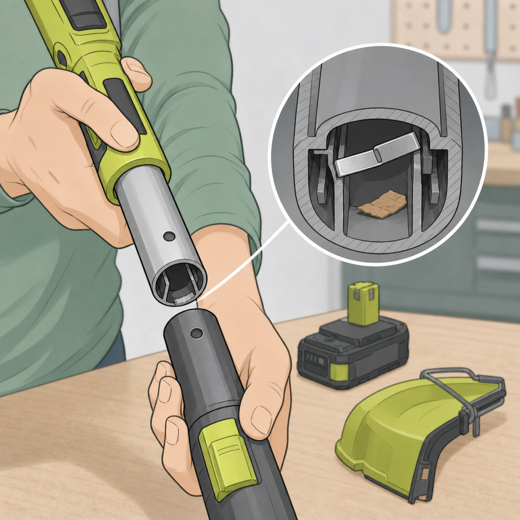Troubleshooting Ryobi trimmer shaft assembly, showing misaligned locking tab and debris.