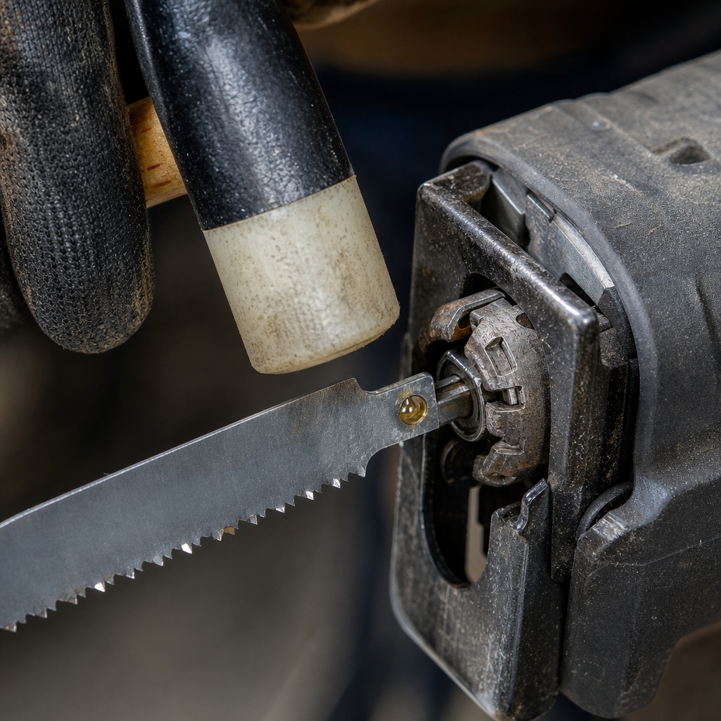 Tapping a stuck reciprocating saw blade with a mallet to loosen it.