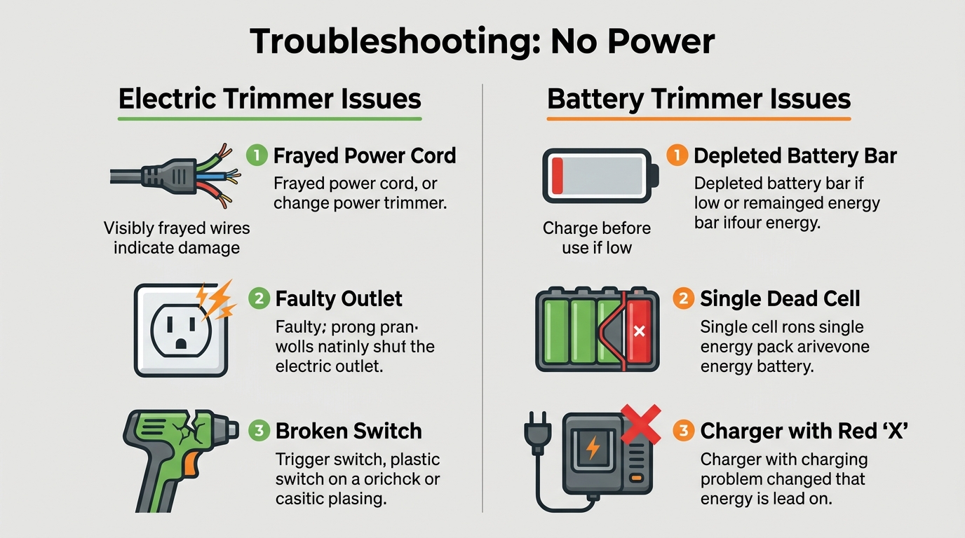 Comparison infographic for diagnosing corded and battery-powered weed trimmer power failures