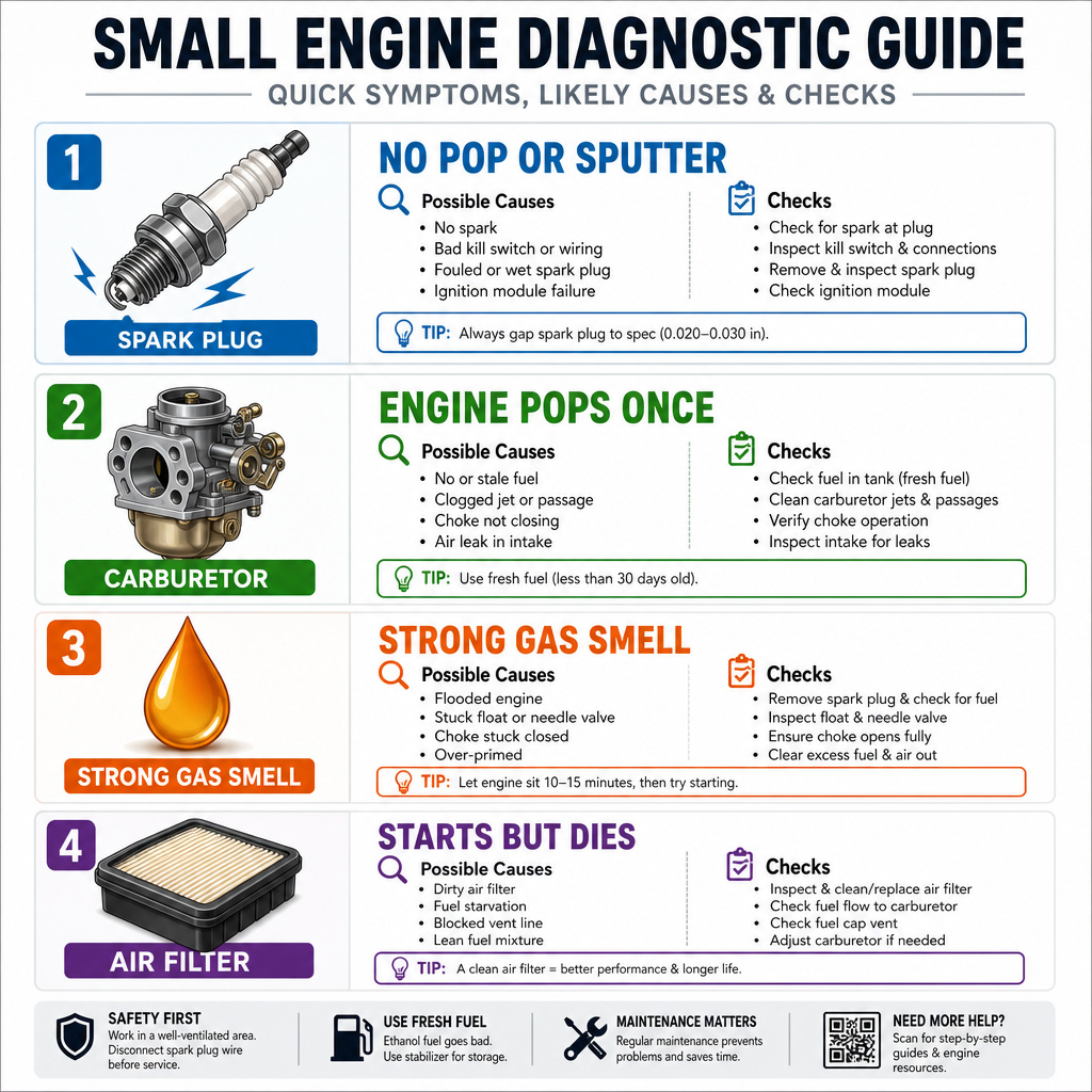Troubleshooting flowchart for common chainsaw starting problems and fixes.