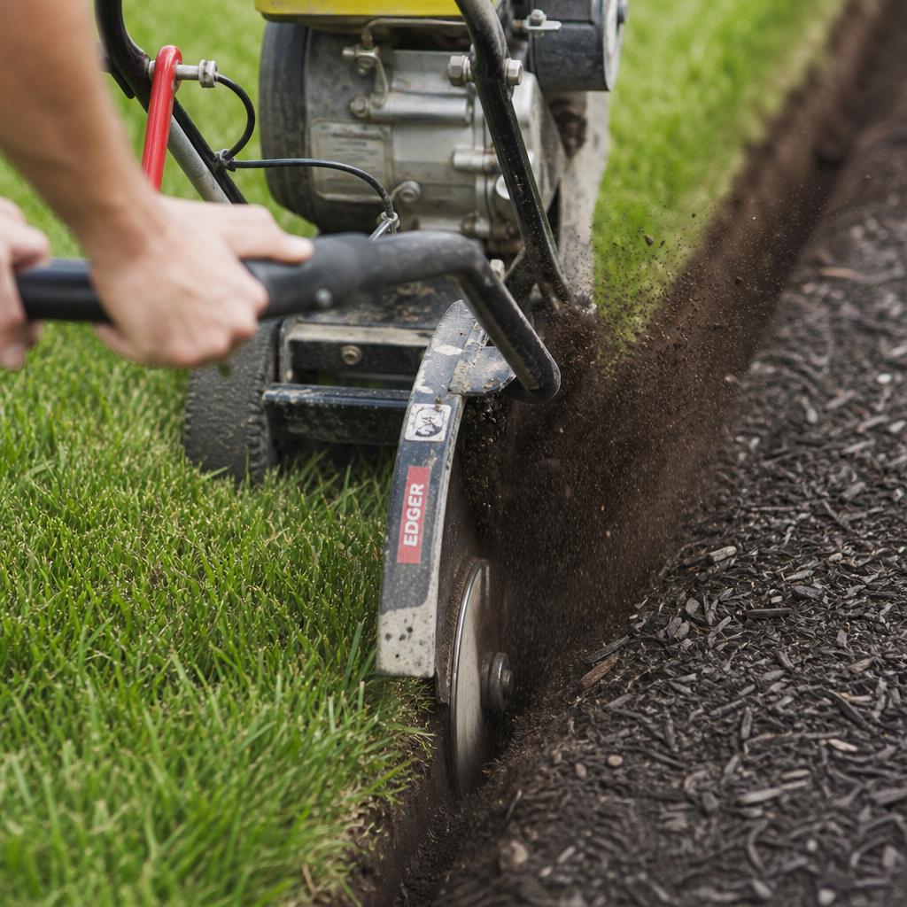Walk-behind lawn edger cutting a clean border between grass and mulch.
