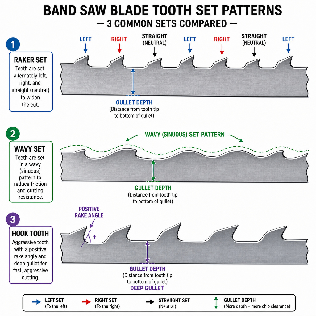 Diagram comparing raker, wavy, and hook tooth sets on band saw blades.
