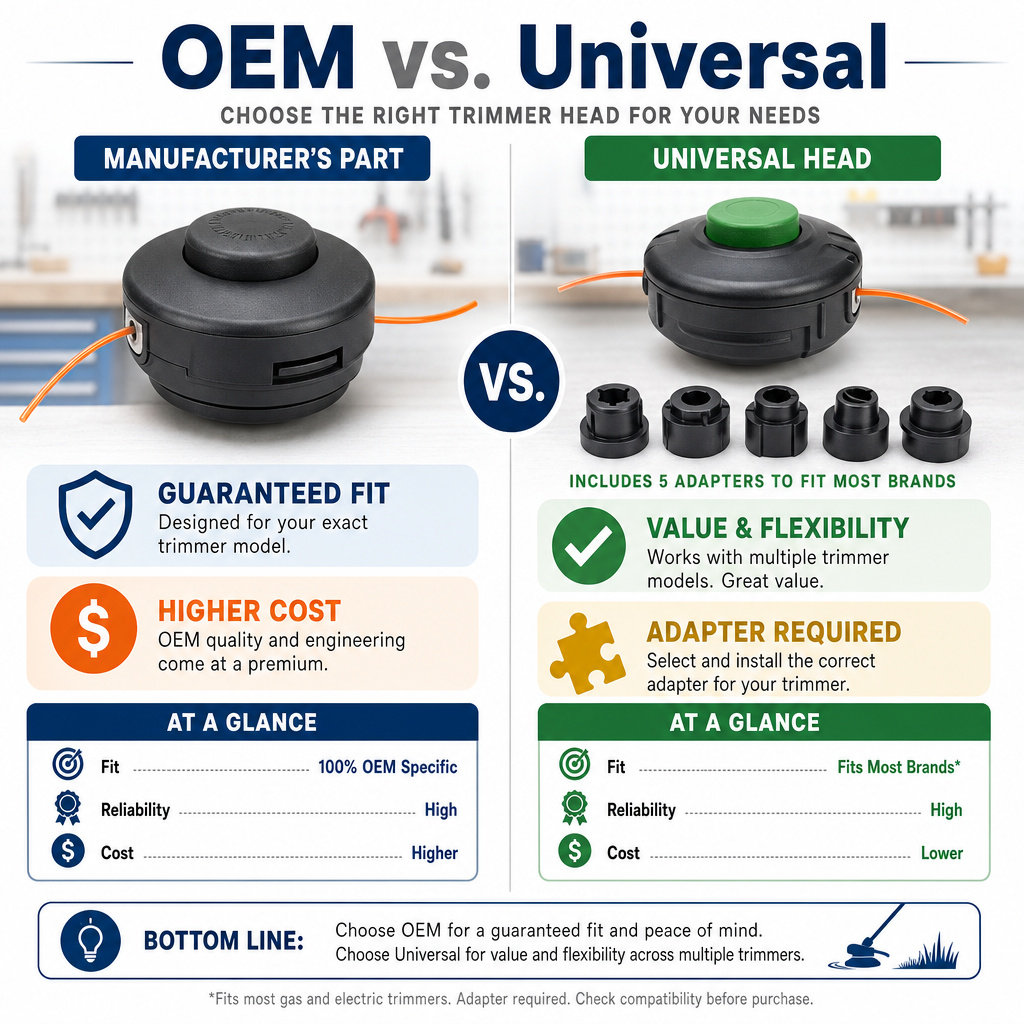 Comparison infographic of OEM versus universal replacement trimmer heads.