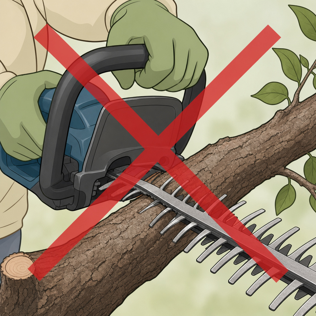 Hedge trimmer misuse shown cutting a too-thick branch in cartoon.