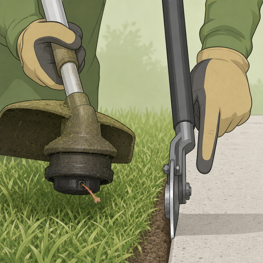 Weed wacker versus dedicated edger, showing worn nylon line and steel blade.